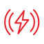 Red lightning bolt icon with wireless energy signal waves on a white background.