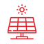 Red line icon of a solar panel capturing energy from the sun.