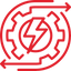 Red icon of a lightning bolt inside a gear with circular arrows representing energy recycling.