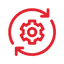Red gear icon surrounded by circular recycling arrows representing technical settings or process.
