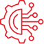 Red line icon of a gear integrated with a digital circuit board pattern.