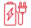 Red icon of a battery with a lightning bolt and an electric power plug.