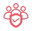 Red line icon of three people silhouettes protected by a shield with a checkmark.