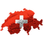 Red 3D relief map of Switzerland featuring the white Swiss cross.