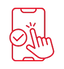 Red line icon of a hand tapping a smartphone screen with a checkmark symbol.