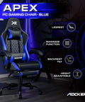 Apex PC Gaming Chair with Massage Function and Footrest, Blue