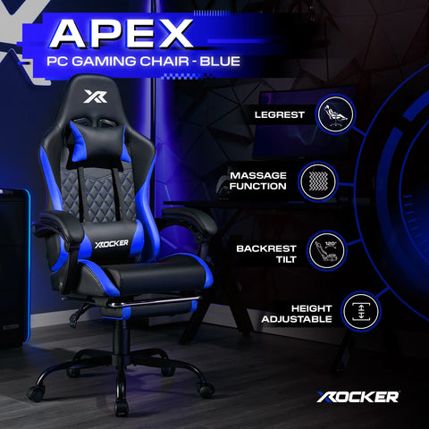 Apex PC Gaming Chair with Massage Function and Footrest, Blue