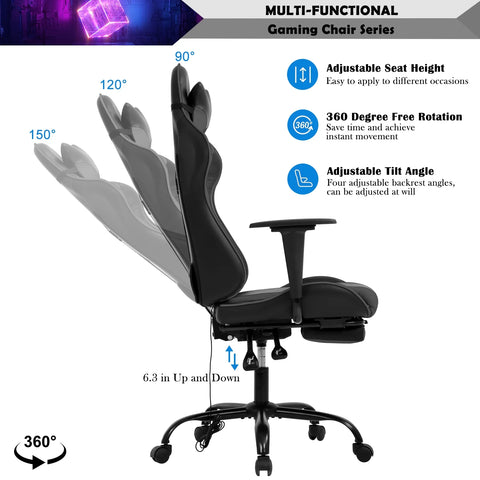 Gaming Chair Racing Office Chair Ergonomic Desk Chair Massage PU Leather Recliner PC Computer Chair with Lumbar Support Headrest Armrest Footrest Rolling Swivel Task Chair for Adults, Grey