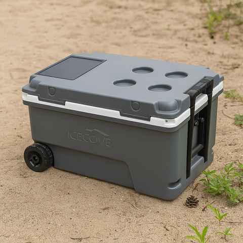 60-Quart Solar Powered Cooler, Keep Food Frozen Without Ice, Portable Fridge Freezer on Wheels for Camping & Beach
