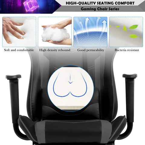 Gaming Chair Racing Office Chair Ergonomic Desk Chair Massage PU Leather Recliner PC Computer Chair with Lumbar Support Headrest Armrest Footrest Rolling Swivel Task Chair for Adults, Grey