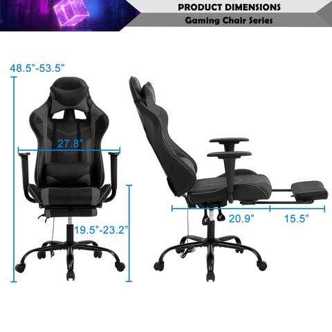 Gaming Chair Racing Office Chair Ergonomic Desk Chair Massage PU Leather Recliner PC Computer Chair with Lumbar Support Headrest Armrest Footrest Rolling Swivel Task Chair for Adults, Grey