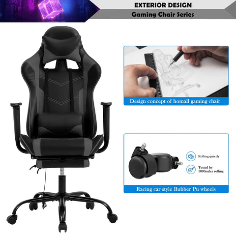 Gaming Chair Racing Office Chair Ergonomic Desk Chair Massage PU Leather Recliner PC Computer Chair with Lumbar Support Headrest Armrest Footrest Rolling Swivel Task Chair for Adults, Grey