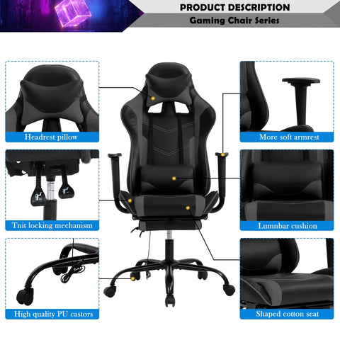 Gaming Chair Racing Office Chair Ergonomic Desk Chair Massage PU Leather Recliner PC Computer Chair with Lumbar Support Headrest Armrest Footrest Rolling Swivel Task Chair for Adults, Grey
