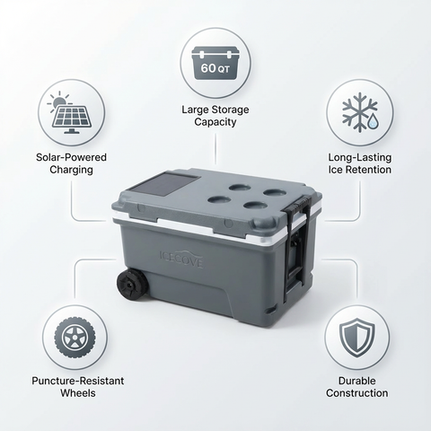 60-Quart Solar Powered Cooler, Keep Food Frozen Without Ice, Portable Fridge Freezer on Wheels for Camping & Beach