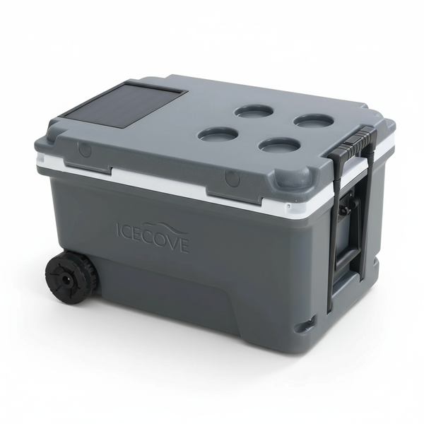 60-Quart Solar Powered Cooler, Keep Food Frozen Without Ice, Portable Fridge Freezer on Wheels for Camping & Beach