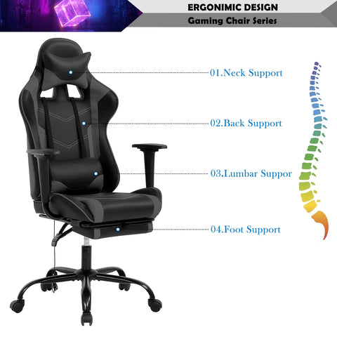 Gaming Chair Racing Office Chair Ergonomic Desk Chair Massage PU Leather Recliner PC Computer Chair with Lumbar Support Headrest Armrest Footrest Rolling Swivel Task Chair for Adults, Grey
